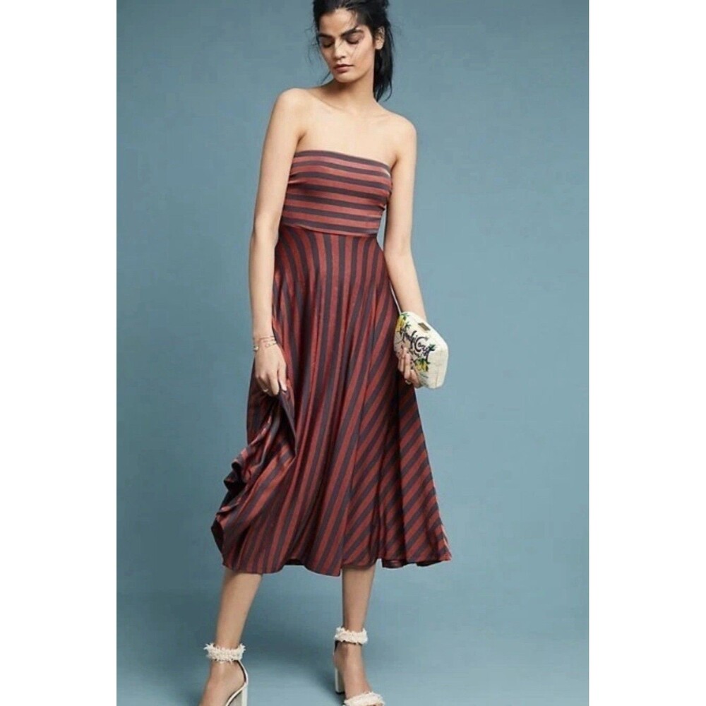 Maeve by Anthropologie Penny Striped Midi Dress Size Copper Strapless Size Small